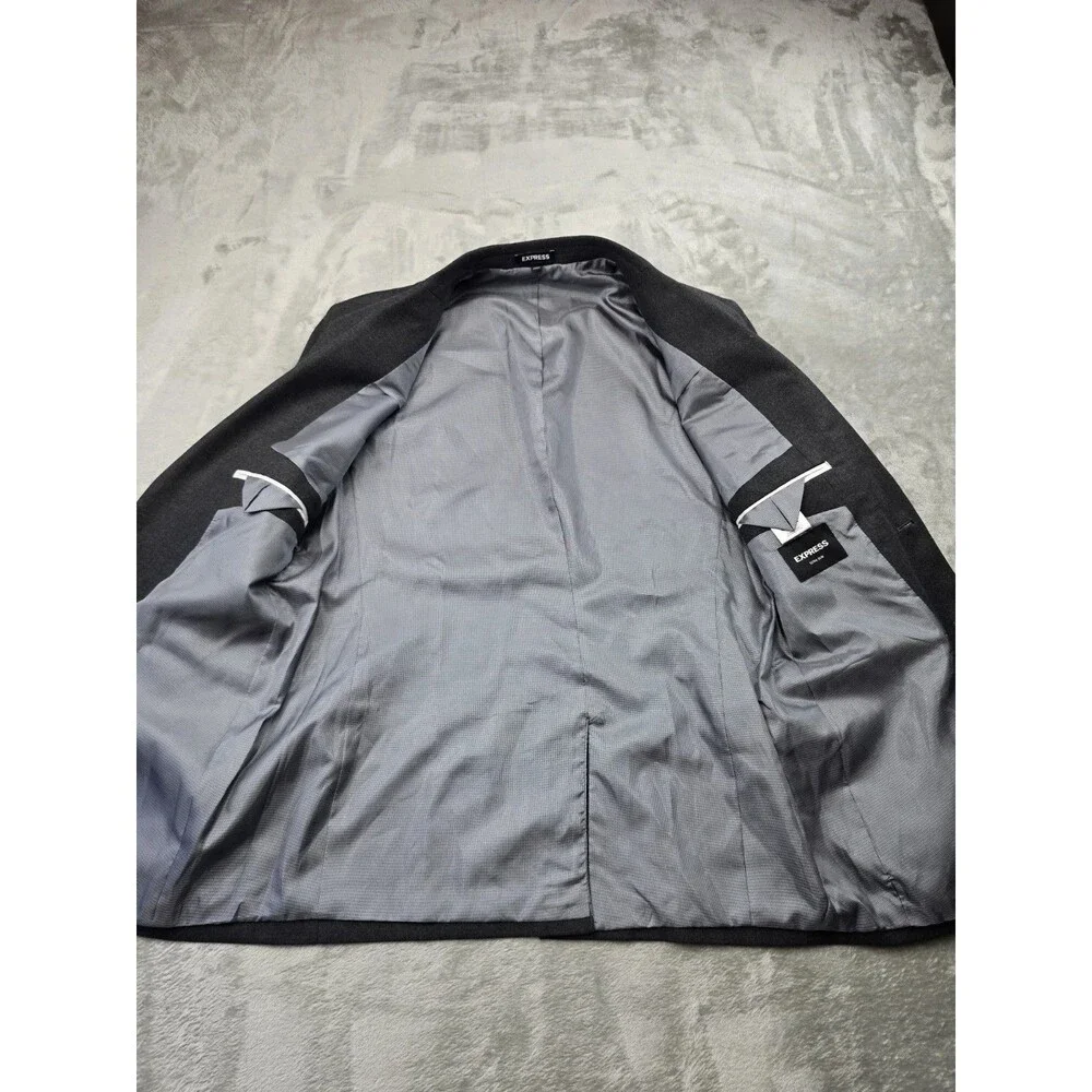 Express Men's Formal Gray Solid Blazer — Size 40R, 2-Button with Pockets.